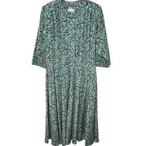 Vintage Stuart Alan Petites A-Line Midi Dress Teal Black Floral Size 15/16